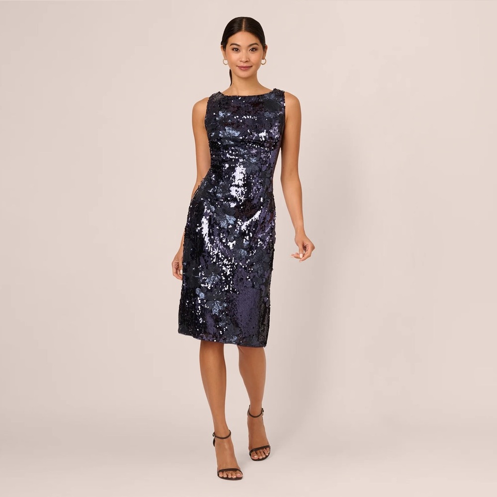 Adrianna Papell Navy Blue Sequin Embellished Sheath Dress